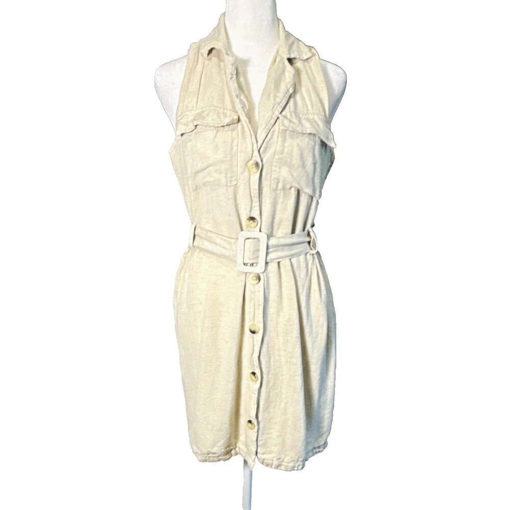 Sim & Sam Beige Linen Blend Utility Sz LG Button Front Belted Shirt Dress Safari